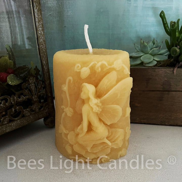 Fairy Pillar Candles | Magical Pixie Beeswax Candle Pillars | All Natural 100% Bees Wax | Pure Clean Burning | Magic Flying Girl | Fantasy - Bees Light Candles