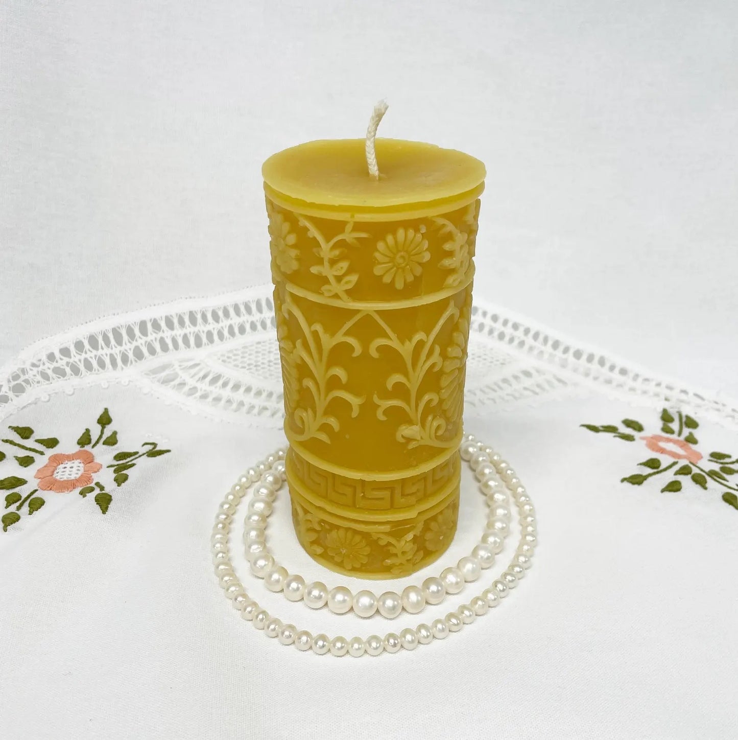 Floral French Country Pillar Beeswax Candle