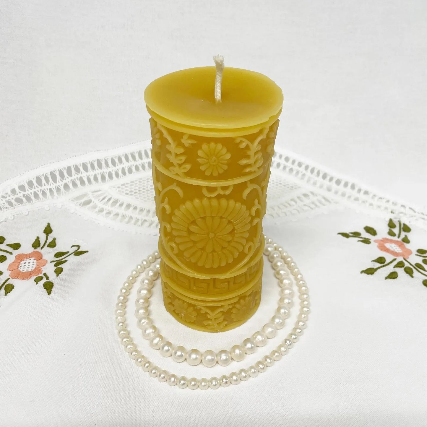 Floral French Country Pillar Beeswax Candle
