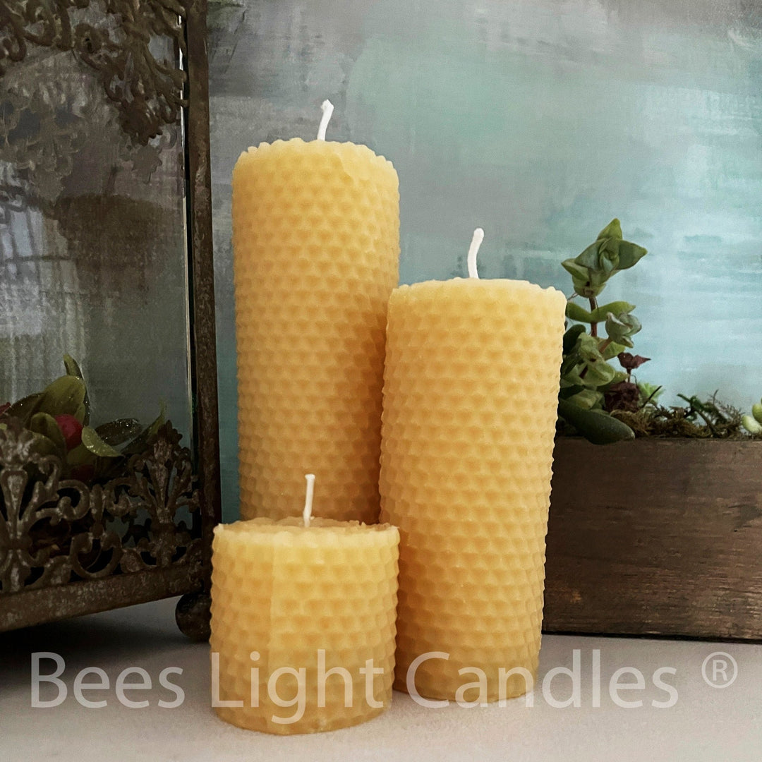 Honeycomb Beeswax Pillar Candles | Bees Wax Rolled Look with Natural Honey Scent | Unscented Candles | Pure Small Medium Large | New Pure - Bees Light Candles