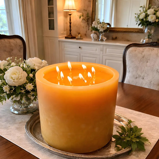 Bonfire Yellow Beeswax Candle Eight-Wick Luxury Statement Pillar 9″ Tall 8″ Wide
