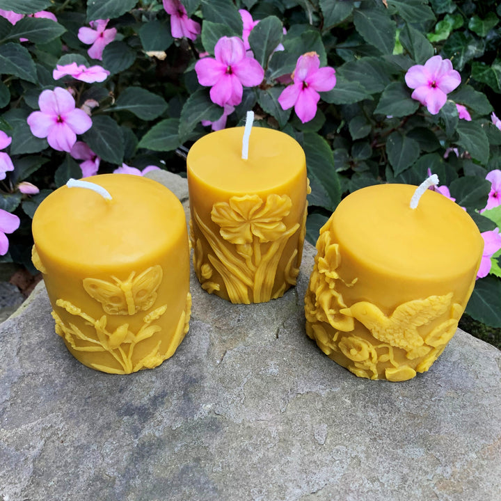 Butterfly | Hummingbird | Flower | Beeswax Pillar Set