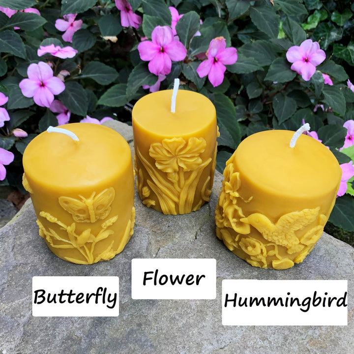 Butterfly | Hummingbird | Flower | Beeswax Pillar Set