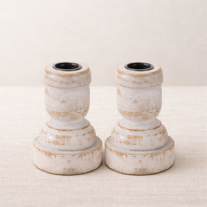 Two matching white washed wood taper candle holders; actual supplier photo