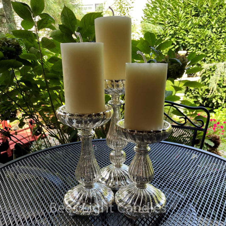 Mercury Glass Pillar Candle Holder Set of 3 | With or Without Handmade BEESWAX Candles | Designer Style Ribbed Lightweight Stands | New Gift - Bees Light Candles