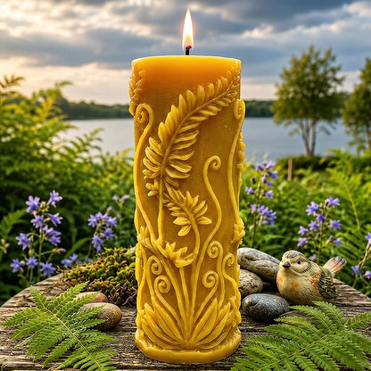 Fern Pillar Beeswax Candle in Yellow or White